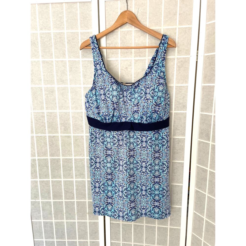 Lands End Swim Dress 20W Blue Underwire Tankini Dresskini Tummy Control Swimsuit